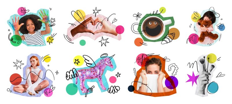 Colorful playful collage with doodles