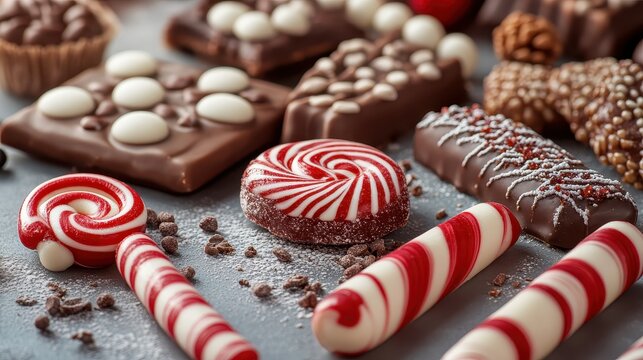 A delightful assortment of festive holiday candies and chocolate treats, featuring peppermint swirls and rich baked goods arranged on a surface