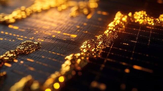 Abstract golden investment growth chart with digital data patterns and glowing effects