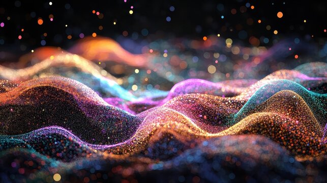 Vibrant Abstract Data Waves Illuminated with Sparkling Particles in a Futuristic Digital Landscape