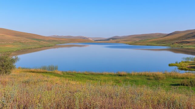 An expansive, blue reservoir situated in a dry, arid landscape under a clear sky, showcasing the stark effects of drought on water resources and the natural environment.
