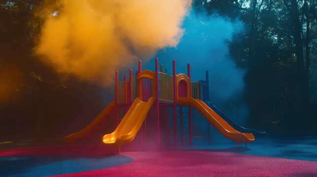 Children's playground enveloped in vibrant colored smoke, symbolizing air pollution concerns