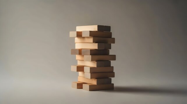 Stacked wooden blocks slightly misaligned &ndash; Ideal for instability, tension, or business risk concepts.