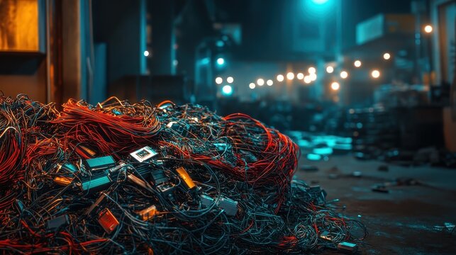 A large pile of discarded electronic waste including old computers and tangled wires, set against a dimly lit industrial background.