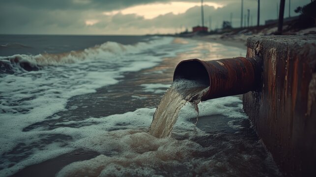 Contaminated water flows from an old storm drain pipe into the ocean on an overcast day, illustrating environmental pollution.