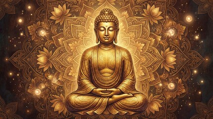 Fototapeta premium Buddha Statue Sitting Against Golden Background