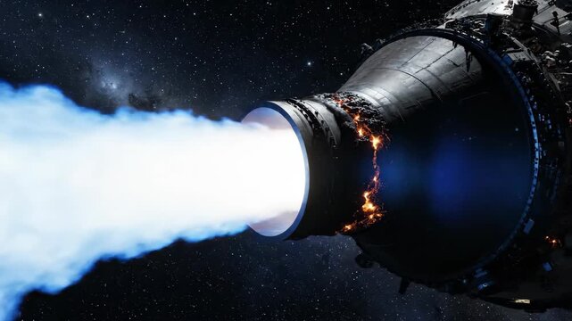 Close up of a spaceship engine thruster burning with blue fire in deep space, depicting interstellar travel and powerful propulsion.