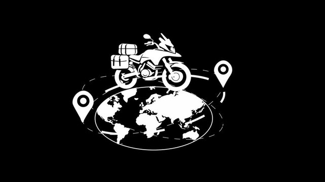 Motorcycle World Travel Adventure  Icon Concept Animation on Black Background. Touring Motorbike Riding Around A Globe With A Circular Route Path And Location Pins. Global Exploration