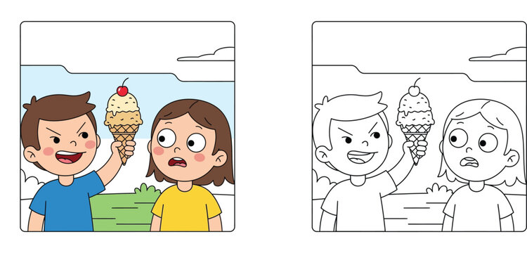 Boy Teasing Girl with Ice Cream Cone Illustration with Coloring Book Page Vector, Sibling Rivalry and Jealousy Concept, Summer Treats and Social Interaction for Kids