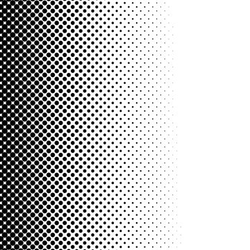  Black and White Left Side Halftone Dot Gradient Pattern with Dense Large Dots Fading Horizontally to White Right Edge for Retro Graphic Design, Border, and Print Overlay Use