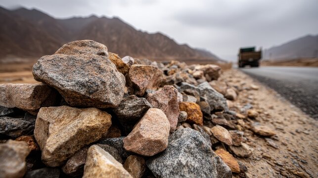 Close up of rough textured stones and rocks on the side of a dusty asphalt road with a blurred truck in the background under an overcast sky in a barren mountainous landscape