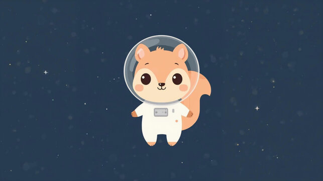A cute cartoon squirrel  in a white astronaut suit floating in space