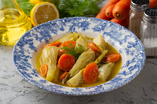 Traditional Turkish Braised Fennel with Carrots and Olive Oil Served