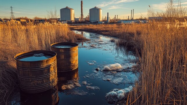 Rusty industrial waste barrels leaking toxic chemicals into a city river near a factory outlet with an urban skyline at dusk
