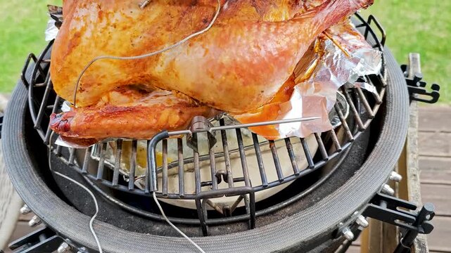 Large turkey roasting in kamado grill with temperature probes inserted, BBQ cooking process, outdoor grilling, meat preparation, thermometer control. 4K video footage of grilling process