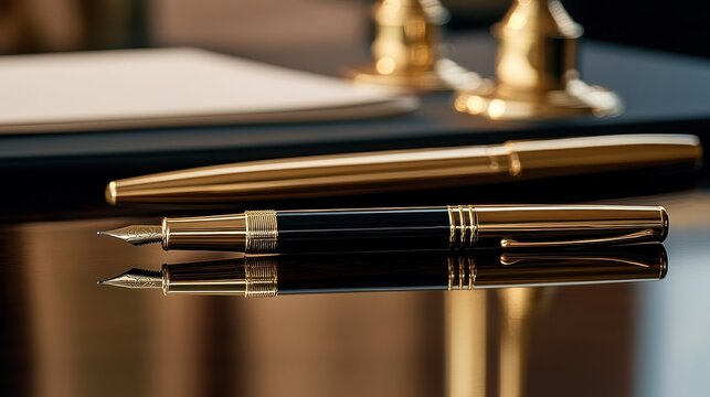 Elegant gold plated fountain pen and office supplies on a polished desk