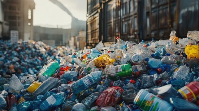 Vast collection of plastic bottles and waste in an urban recycling center, highlighting environmental pollution and recycling efforts.