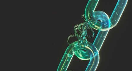 Abstract glowing digital chain with data pixels, future of network security concept. 3d rendering © mim.girl