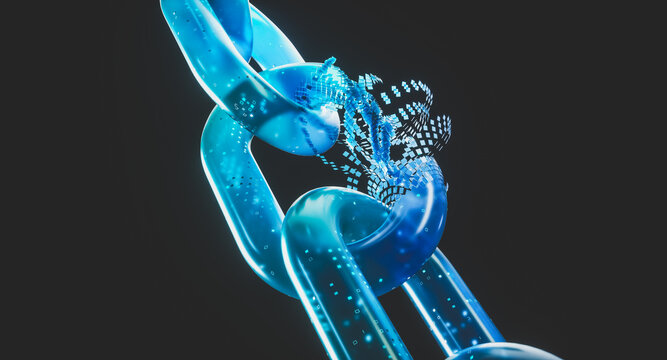 Abstract glowing digital chain with data pixels, future of network security concept. 3d rendering