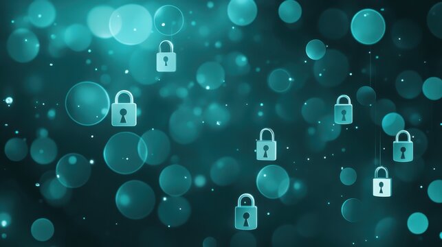 Digital security icons with soft bokeh and dynamic teal lighting representing online data protection and network access.