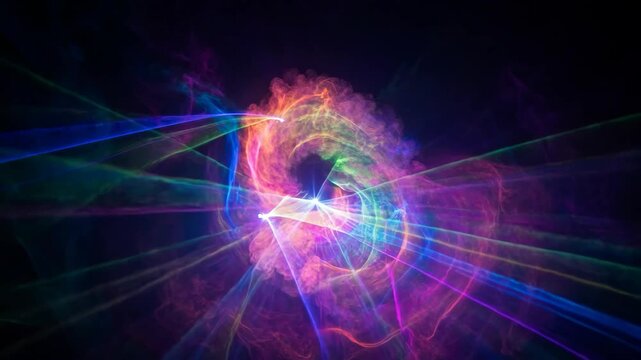 hypnotic swirl of vibrant neon laser light beams creating a starburst pattern with deep cosmic energy suitable for dynamic backgrounds.