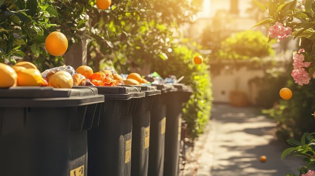 Overflowing trash bins filled with fruit and food waste in an outdoor market on a sunny day.