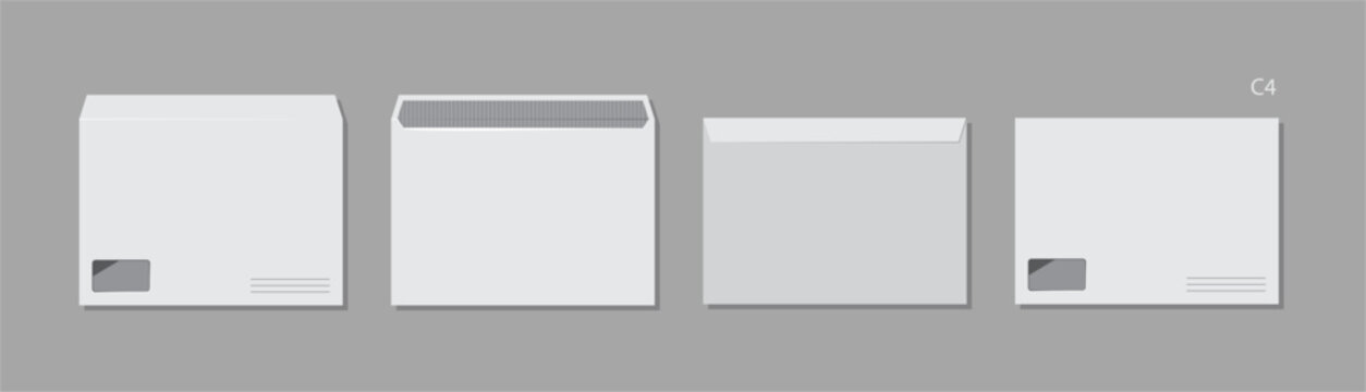 C4 envelope, back and front sides. Vector isolated letter for A4 sized documents. Showcasing branding, letterhead mailings or professional correspondence. Office, mailing or packaging design mockups