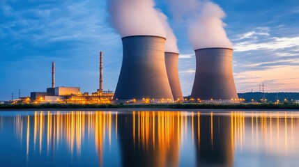 Obraz premium Impressive cooling towers at a power plant, emitting steam with warm reflections on the water at dusk.