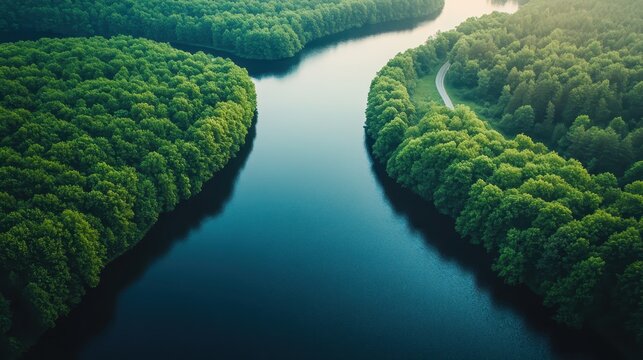 Majestic river curves through lush green forest from an aerial perspective showcasing natural beauty and serene landscapes
