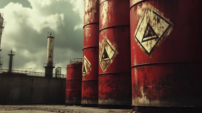 Industrial setting with weathered hazardous material containers and caution signs under a cloudy sky