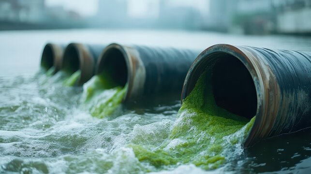 Thick green pollution pours from large drainage pipes into a city canal, creating a stark environmental contrast.