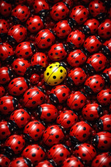 Fototapeta premium Yellow ladybug among red ladybugs representing uniqueness and contrast