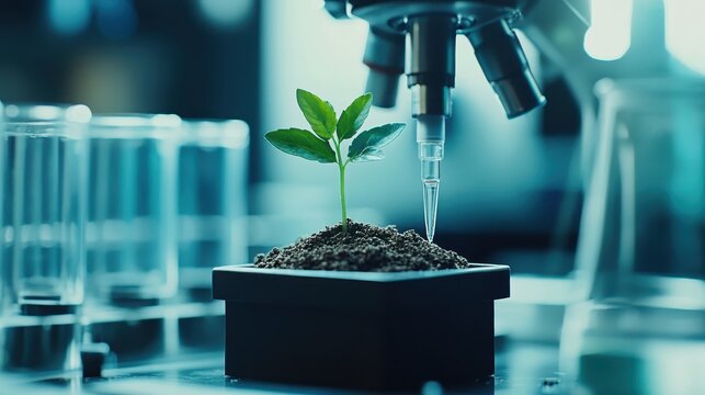 Small green seedling in soil being tested with a pipette under a microscope in a laboratory setting