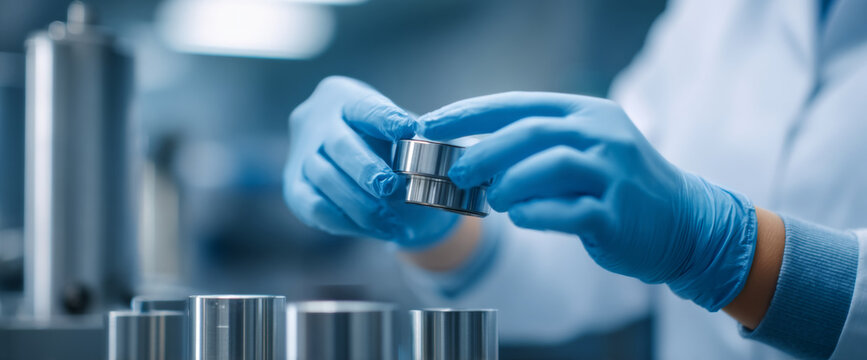 Scientist handling metal samples in laboratory