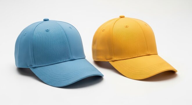Blue and yellow baseball caps isolated on white background