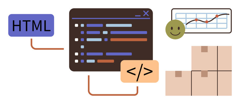 Web design, e-commerce, coding education, data analysis, productivity, logistics. Code editor, analytics chart HTML and boxes are visible. Web design and e-commerce visual concept