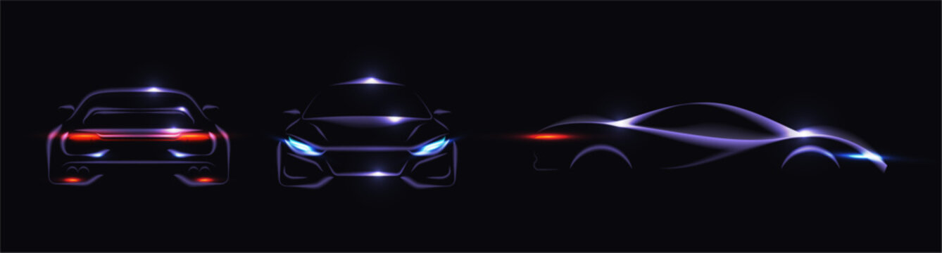 Realistic car silhouette with lights. Vector front, rear and side views. Modern or sporty vehicle design. Automotive branding, catalog and interface icons, transport visualization and presentation