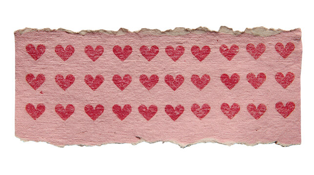 A pink paper strip with a repeating pattern of red hearts on transparent background