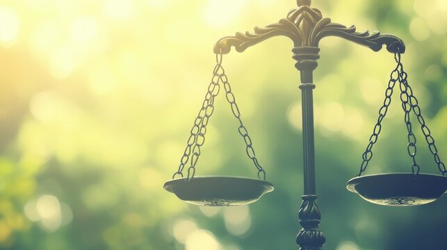 Ornate Scale of Justice suspended in natural light, symbolizing legal balance and fairness outdoors.