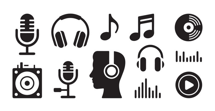 Professional studio recording silhouette icons for music industry and podcasting equipment.