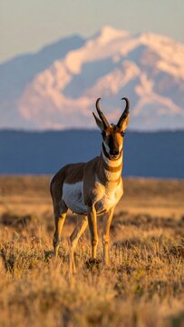 A pronghorn antelope stands tall on the arid plains, framed by a snow-capped mountain range, with the golden sunlight