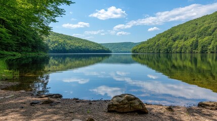 Fototapeta premium Tranquil Mountain Lake Reflecting a Clear Blue Sky and Lush Green Forest Scenery on a Peaceful Summer Day