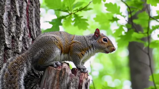 A squirrel perched on a tree stump, with green foliage in the background