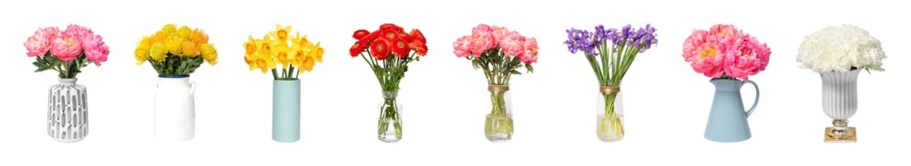 Obraz premium Colorful floral arrangements in vases element set isolated on white