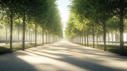 Fototapeta premium Serene Urban Park Avenue Lined with Lush Trees and Sunlight Creating a Peaceful Pathway
