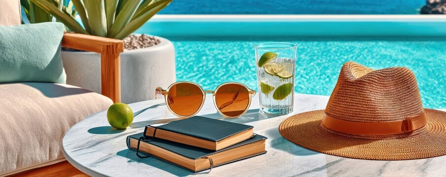 Relaxing poolside scene with straw hat, sunglasses, books and a refreshing lime drink