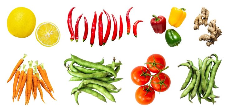 Fresh colorful vegetables and fruits element set isolated on white