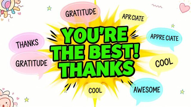 A bright and colorful cartoon image with words of gratitude and appreciation