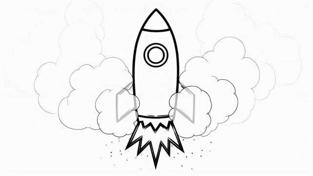 Monochrome illustration of a rocket launching into space with exhaust and clouds