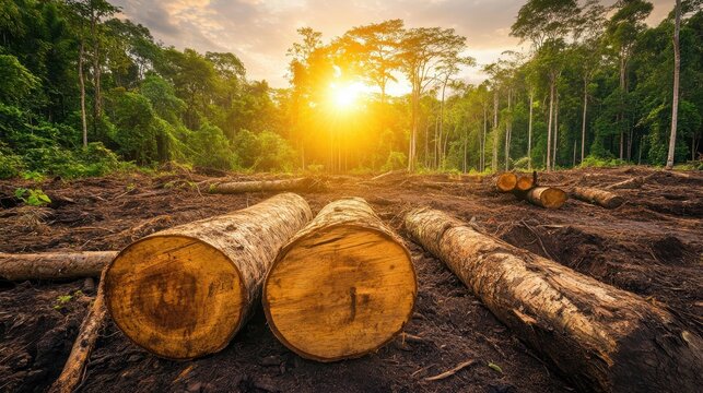Vast deforestation with large felled trees and cleared land in a tropical forest, highlighting environmental destruction.